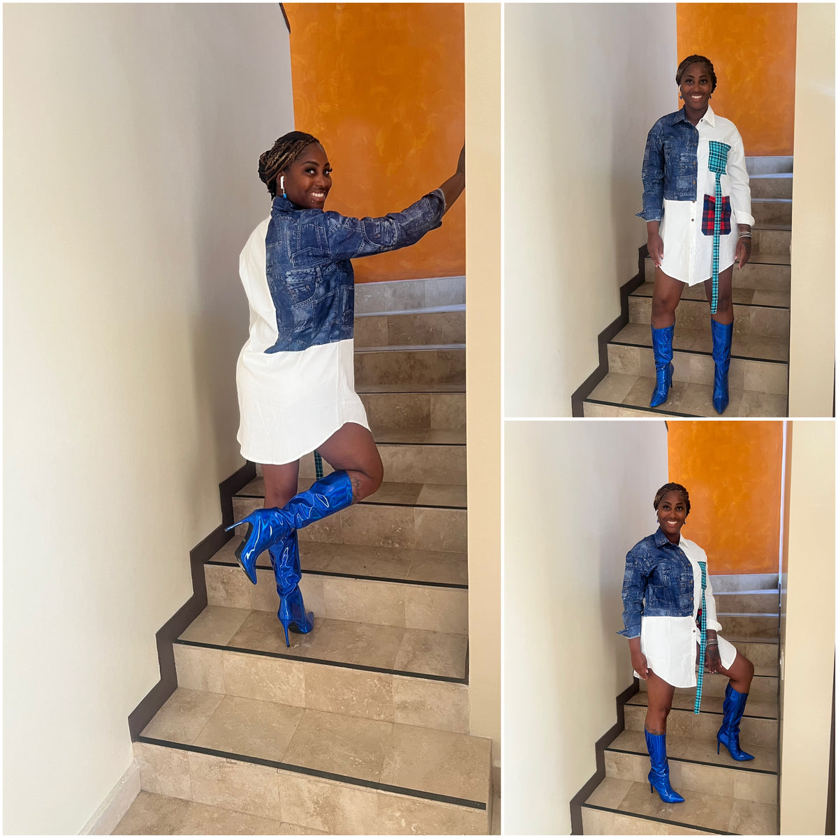 Mini Shirt Dress is the perfect mix of casual, cute, and edgy! This oversized mini dress gives that effortless vibe with blouse-style fit, denim patch accents, and a distressed touch to keep it stylish.