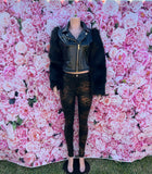 Get ready for the Wildest Ride Jacket Set! This faux leather jacket with a collar and faux fur detail will have you looking fierce and fashionable.

Long sleeves
Zipper closure
90% polyester, 10% spandex
Cozy and chic look