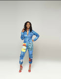A denim print stretchy jumpsuit that gives you the look of jeans with the comfort of a jumpsuit.