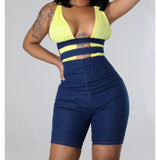 A denim bottom with a yellow bandage wrap-style bra connected—flirty, fun, and perfect for a day out.
